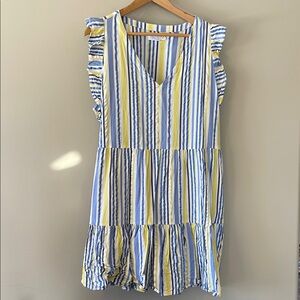 Blue Yellow Striped Sundress With Pockets